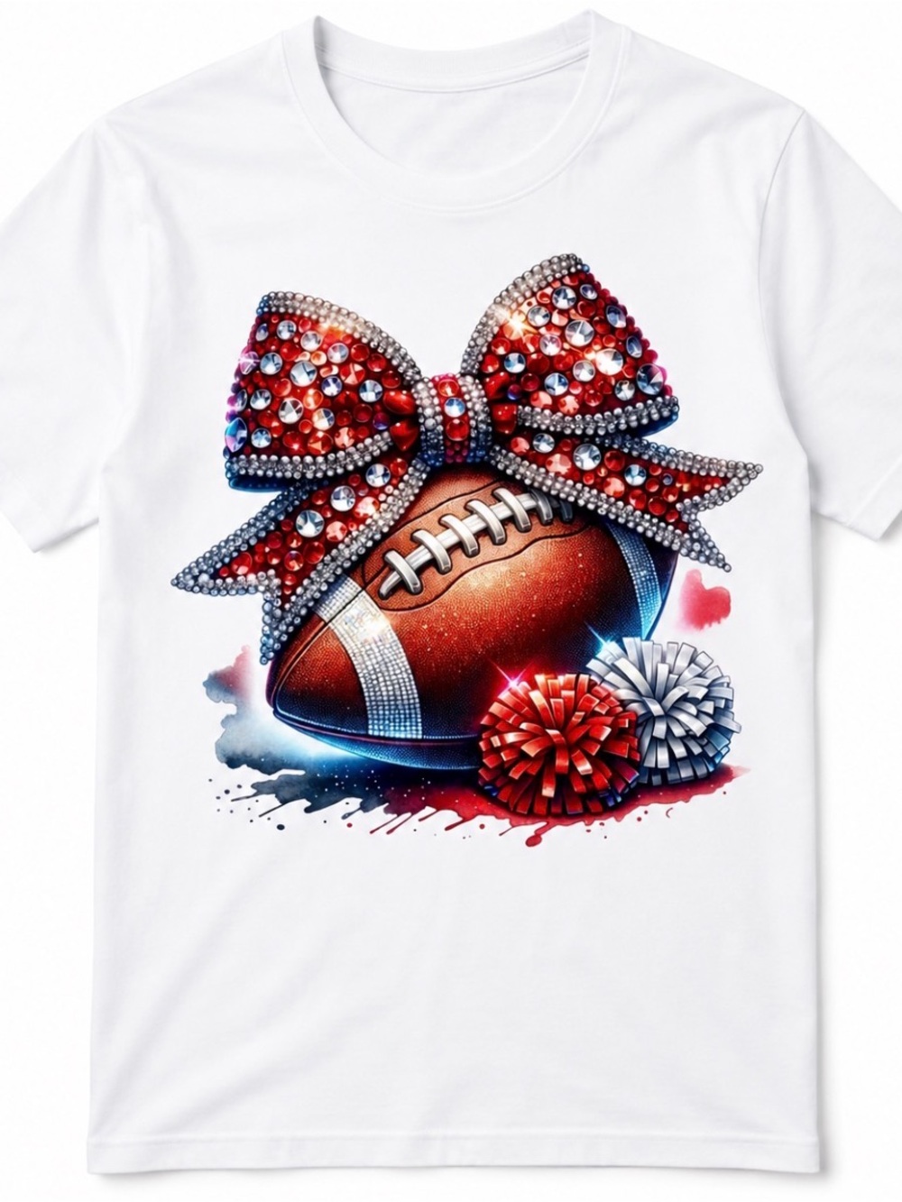 White Graphic Tee with Red & Blue Rhinestone Bow and Football - Picture 2 of 3